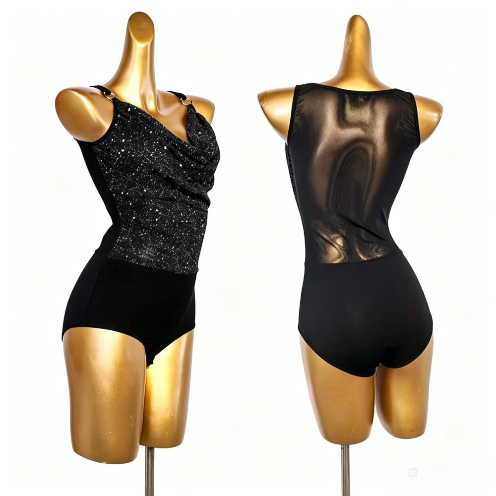 adult-women-latin-dance-bodysuit-glitter-sparkle-cowl-neck-o‑ring-straps-mesh-back-leotard-for-ballroom-competition-stage-show