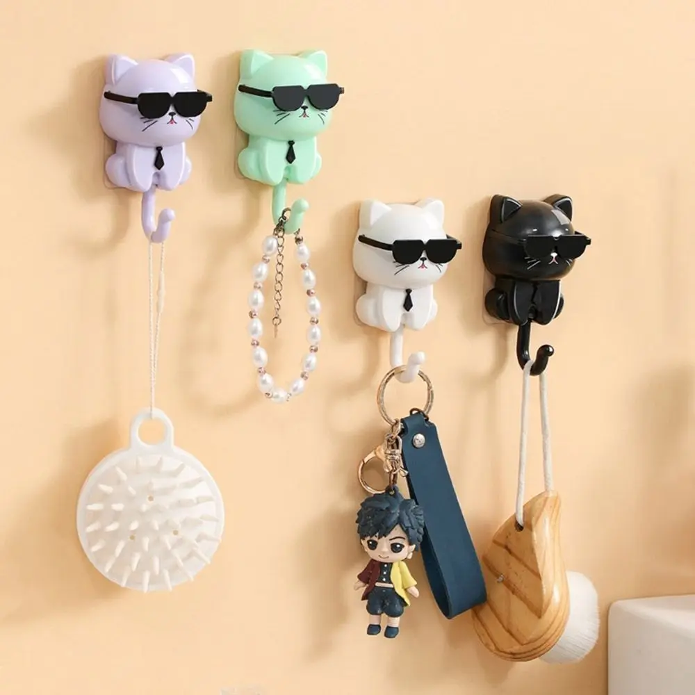 Funny Plastic Cartoon Cat Hooks Decorative Wall Hanging Key Hangers Waterproof Sticky Hooks Entrance