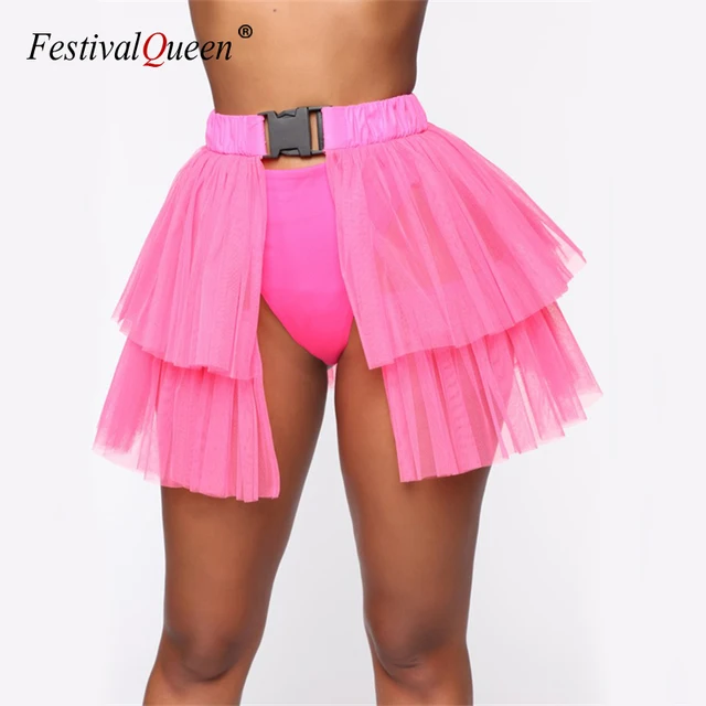 FestivalQueen Neonowa siateczka przezroczysta spódnica z klamrą dla kobiet plisowany tiul luźny patchwork Harajuku seksowna Mini szykowna spódnica noc Cl