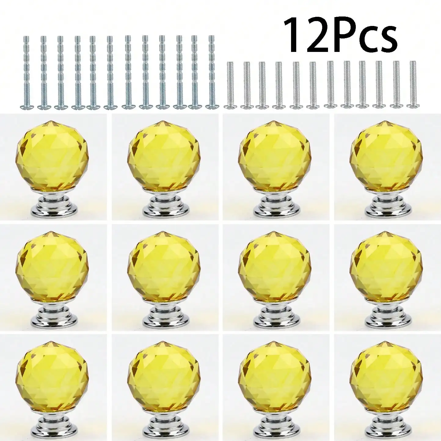 

12Pcs Yellow Glass Crystal Knobs Round Shape Crystal Drawer Pull 30mm Handles for Funrniture Kitchen Door Cupboard with Screws