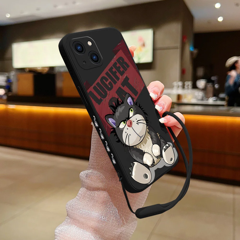 Cute Super Lucifer Cat Phone Case For iPhone 15 14 13 12 11 Pro Max Mini X XR XSMAX 8 7 6S Plus Silicone Cover With Hand Strap