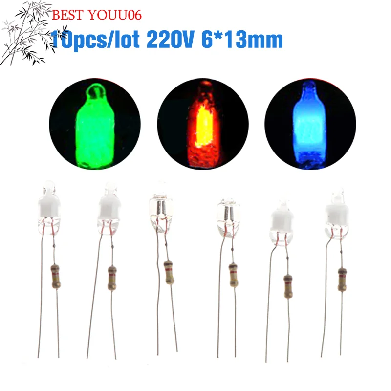 Hot 10Pcs Neon Indicator Light Green Red Blue Signs 6mm Neon Lamp Glow 2 Copper Wire 6X13mm Neon Indicator Bulbs