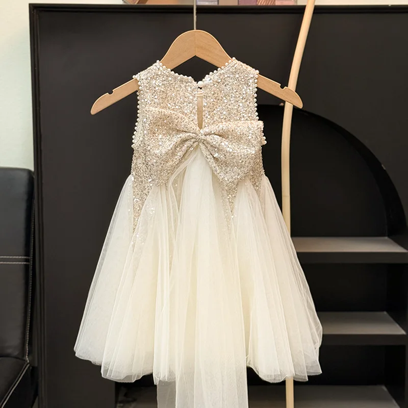 

Girls Elegant Sequined Dress Kids Puff Birthday Party Dress Mesh Toddler Fashion Children Casual Prom Clothes