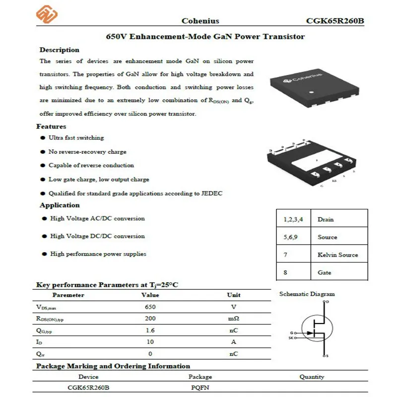 Cohenius GAN FET POWER CGK65R260B 650V 200mR DFA 5*6mm New And Original 50pcs/Lot