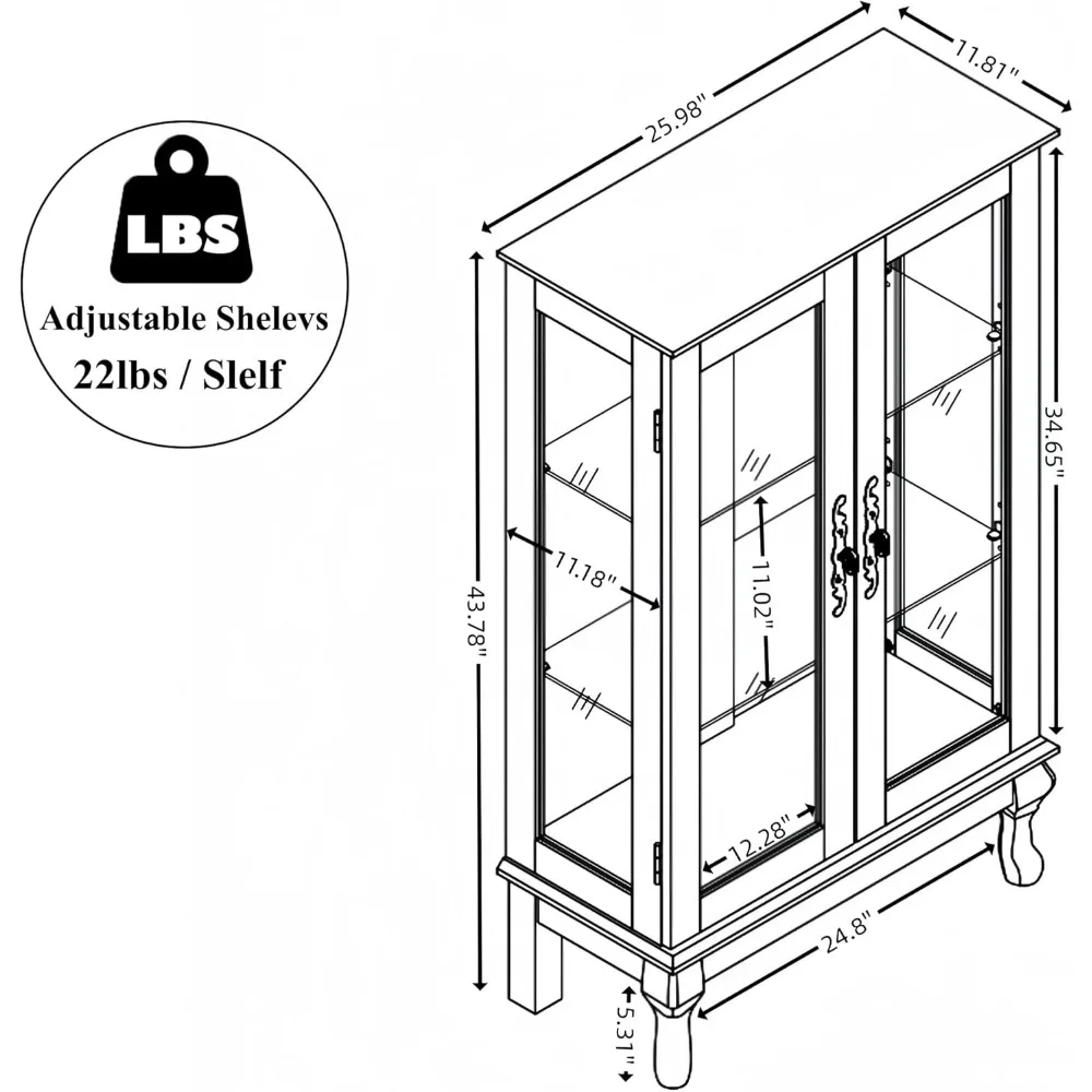 43-дюймовый стеклянный шкаф для сувениров с высокой подсветкой, регулируемыми полками и дверцами из закаленного стекла, деревянная витрина