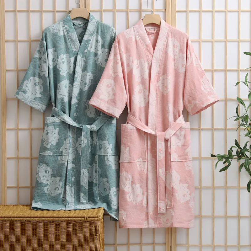 

100% Cotton Double Layer Ladies Bathrobe Spring Autumn Sleepwear Couples Home Clothes Casual Winter Robe Women's Wedding Dress