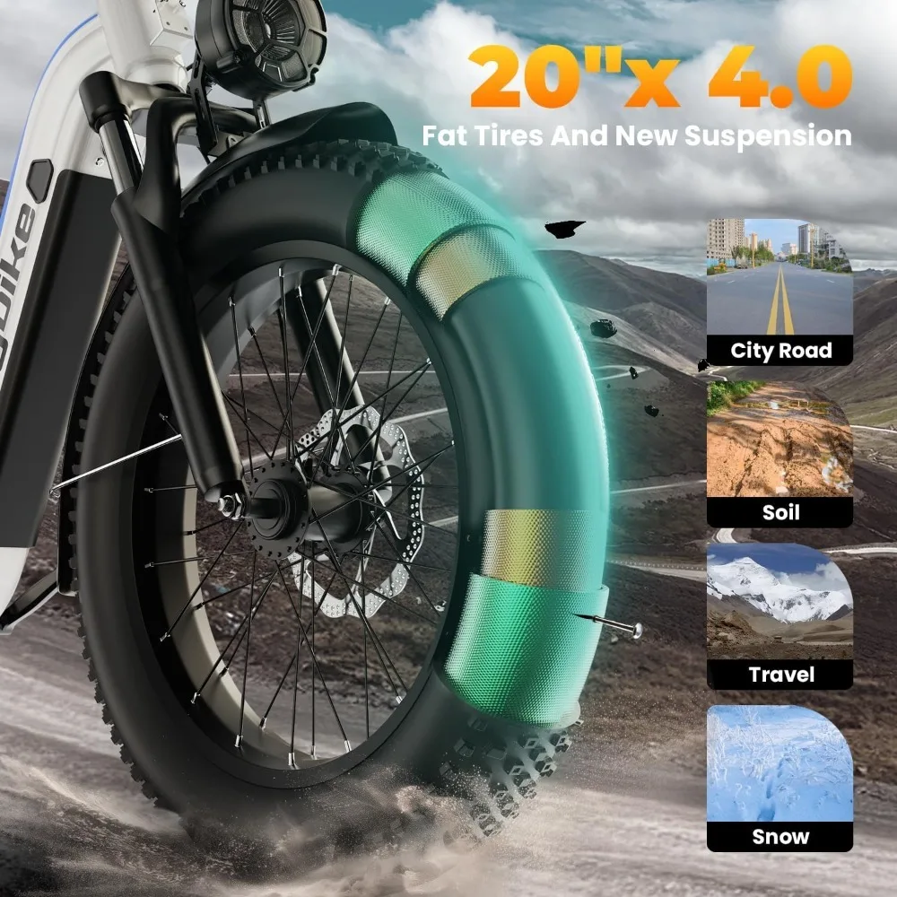 1500W E-Bike for Adults, 48V 20/25/60Ah Battery, 80Mile Range, 20x4 Fat Tire Electric Bicycle for Commute Beach Snow UL image 4