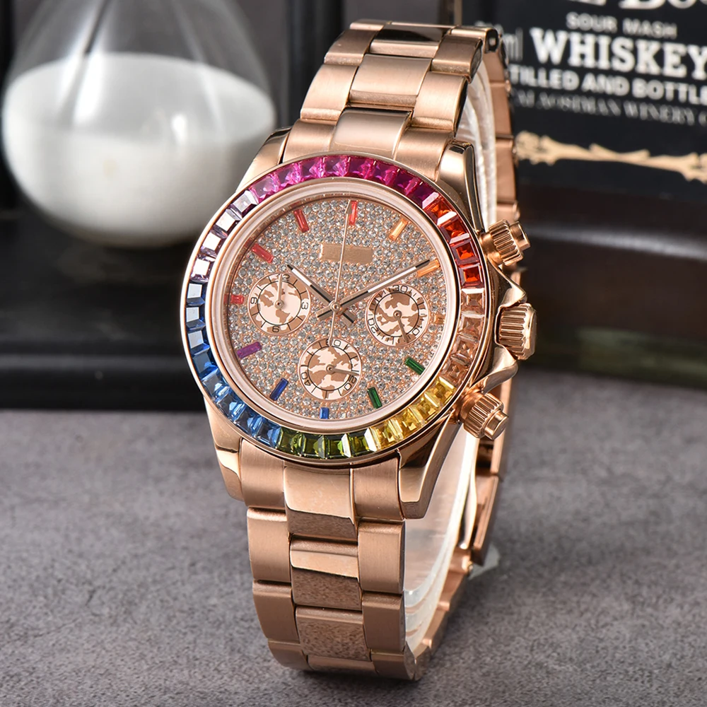 Customized 39.2mm Rainbow Watch DTN VK63 Movement Panda Three Eye Quartz Watch Sapphire Glass Timing Code Electric Watch