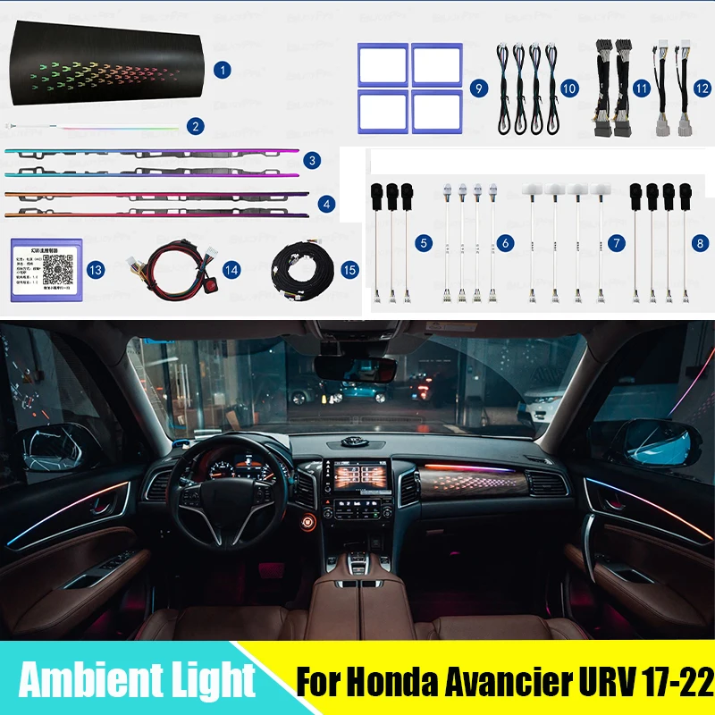 LED Ambient Light For Honda Avancier URV 2017-2022 Interior Door Handle Decorative lighting 64-color Atmosphere Lamp