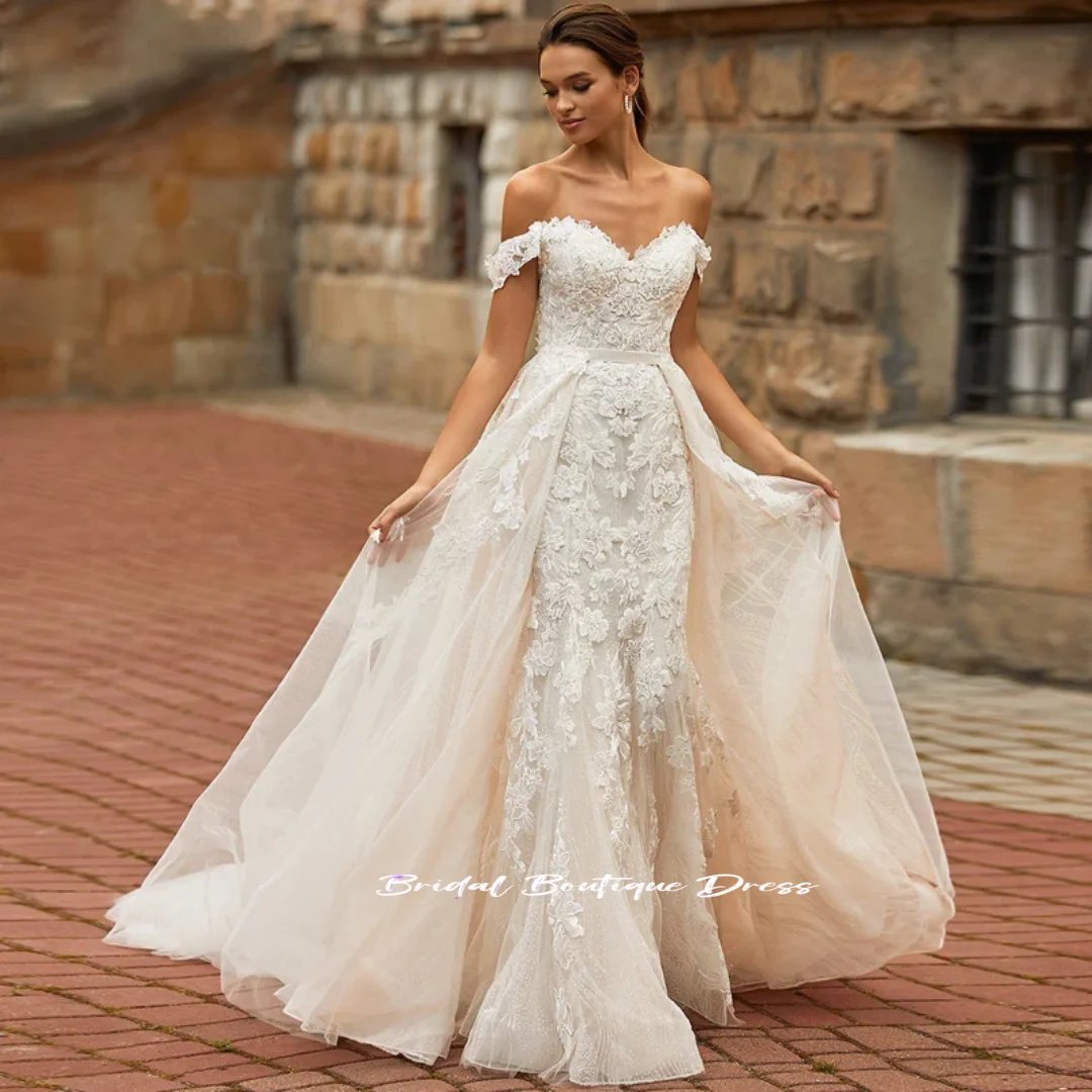 Изысканное съемное свадебное платье 2 в 1, вышитое кружево на сетке со шлейфом и вырезом «лодочка», без рукавов, для невесты, Vestido De