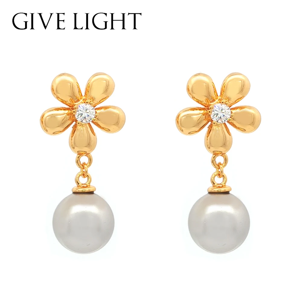 

2025 Cute Flower Pearl Drop Earrings for Women - Gold Plated Cubic Zirconia Dangle Earrings Elegant Daily Party Jewelry Gift