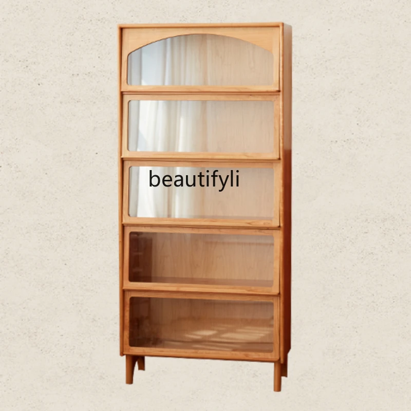 

Solid Wood Bookcase Home Small Apartment Retro Side Cabinet Cherry Wood Cabinet Modern Minimalist Display Cabinet Made of Glass