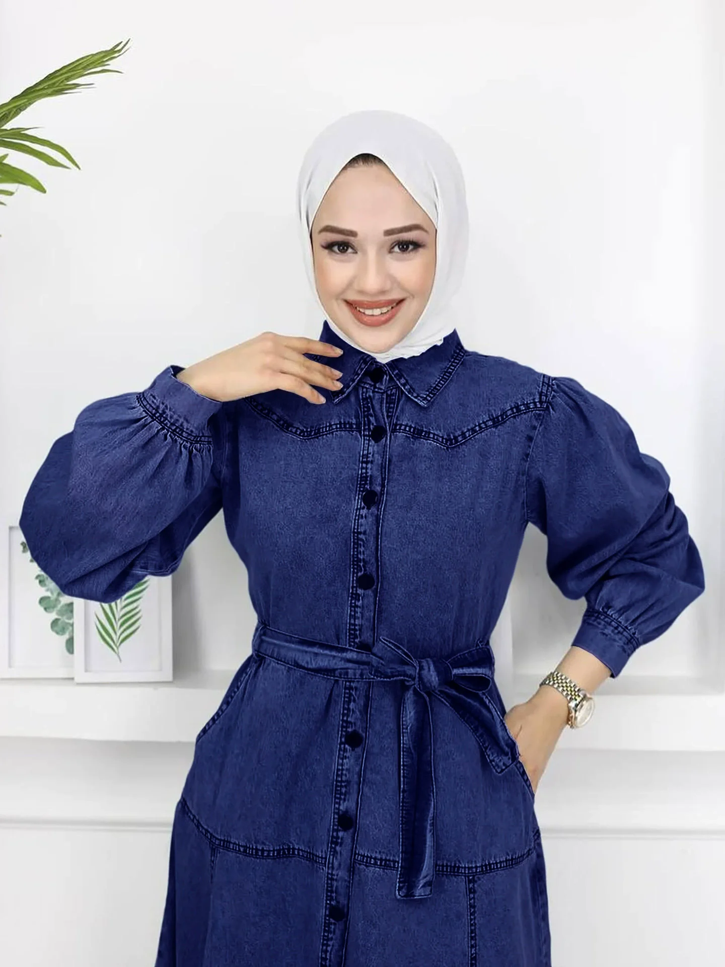 Ramadan Médio Oriente Islâmico Arábia Saudita vestido jeans feminino muçulmano vestido de moda de luxo solto casual lanterna manga vestido jeans
