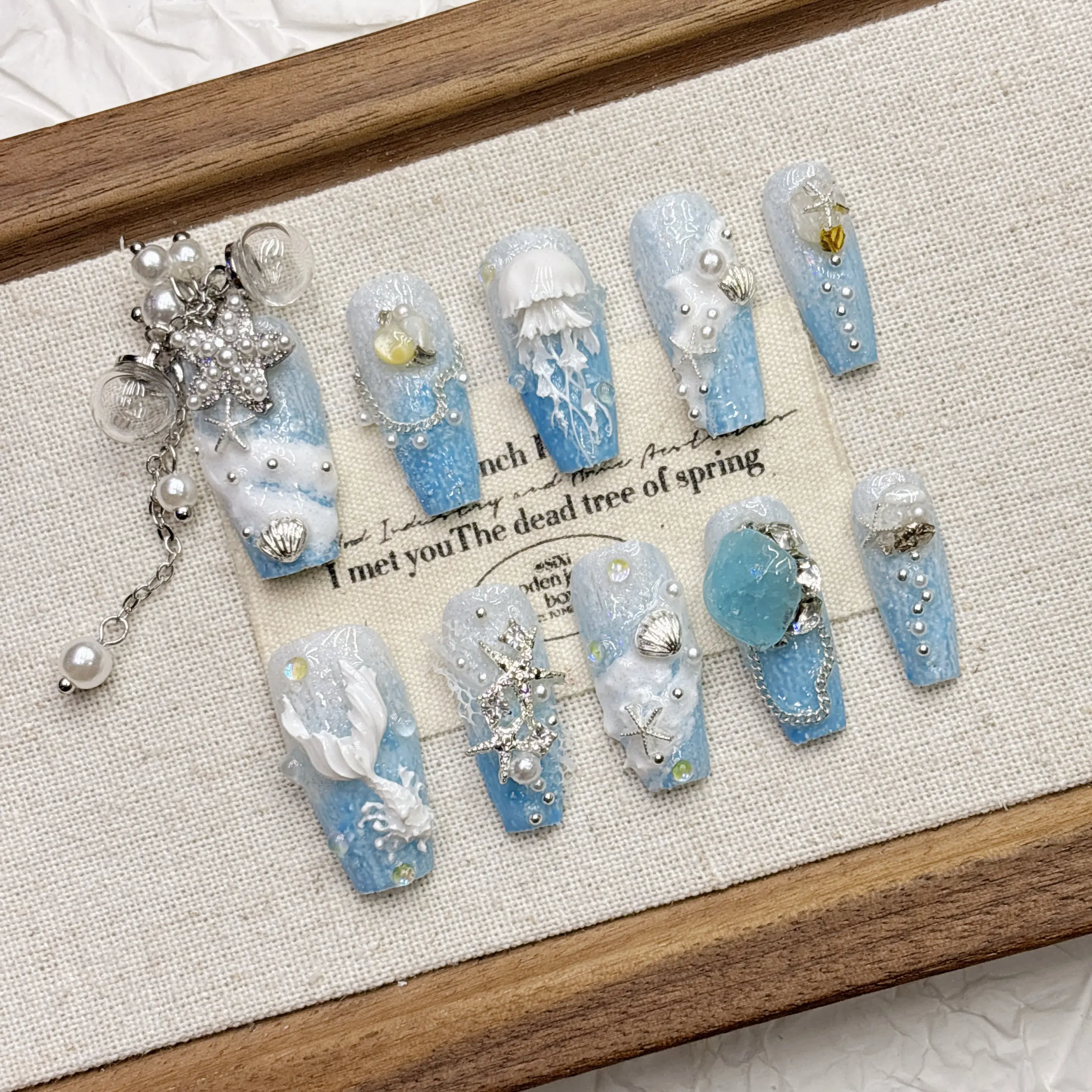 10Pcs Heavy 3D Embossed Ocean Coffin Press On Nails, Icy Blue Gradient Wave Fake Nails With Jellyfish Mermaid Tail Seashell Star