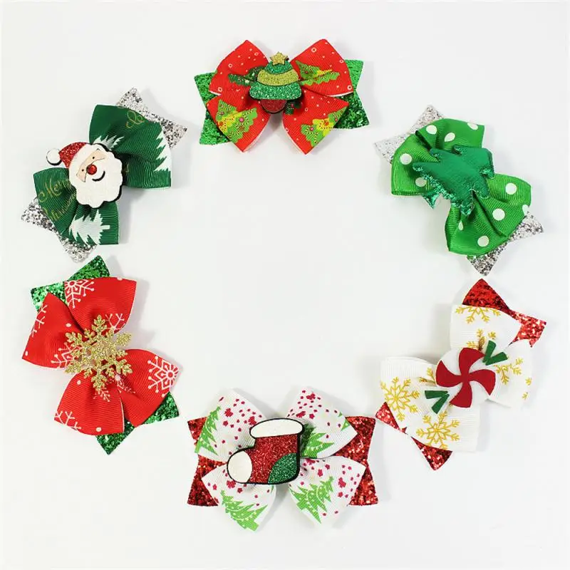 For Kids Girls Printing Bow Hairpins Sparkly Santa Claus Xmas Socks Barrettes Party Hair Accessories 2024 Christmas Hair Clips