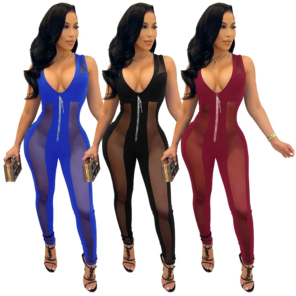 

Sexy Casual Jumpsuit for Ladies High Waist Polyester Nightclub Perspective Women's Faion Summer Seven/Nine Pants Length