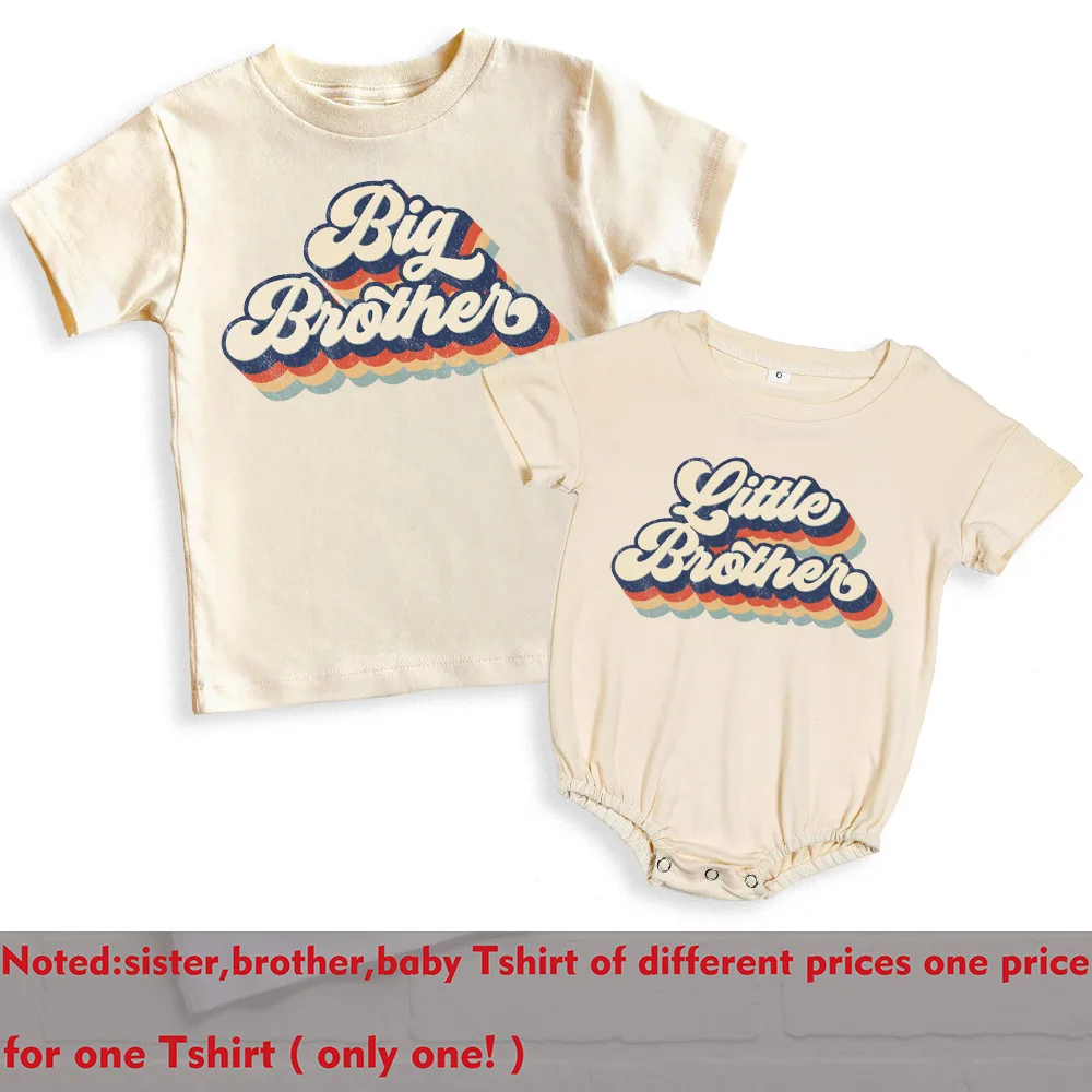 Big Bro Little Bro Printed Family Matching Outfit Shirt Retro Sibling Tee Tops Brother Sister T-shirt Baby Large Bubble Romper
