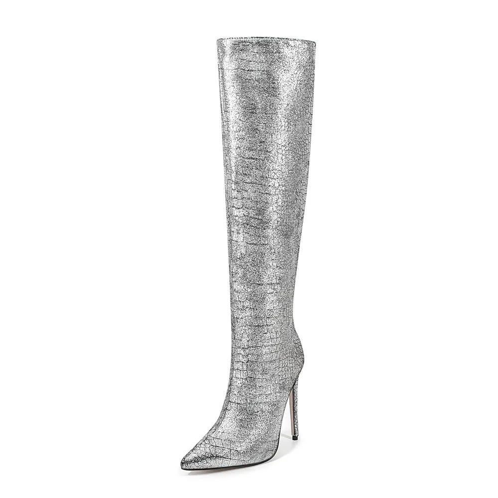 Aucegi Elegant Stiletto Heeled Pointed Toe PU Leather Women Knee High Boots Autumn Winter Zipper New Hot Sale Party Dress Shoes