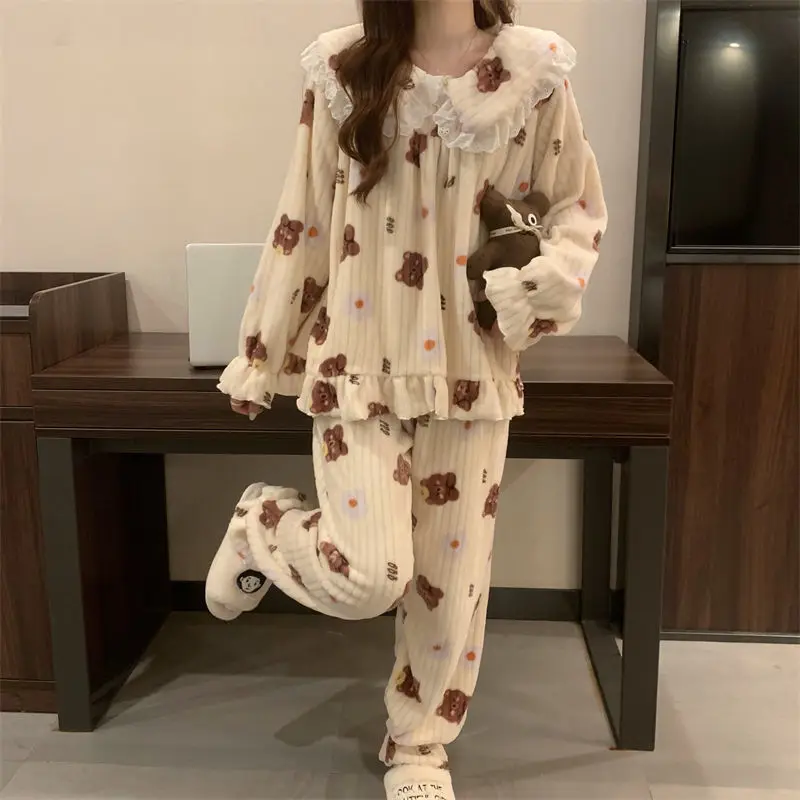 Autumn Winter New Doll Collar Princess Loungewear Coral Velvet Pajamas Sets Women Lace 2 Sets Long Sleeve Tops Pants Home Wear