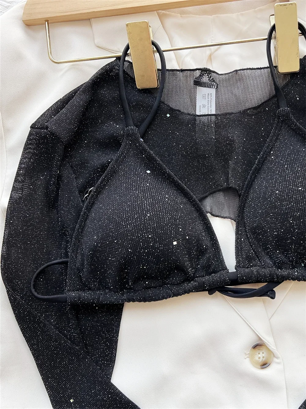 

Black Bikini Shiny Tinsel String Push Up Top Long Sleeve Swimsuit 3-Piece Beach Outfits Swimwear Women Bathing Suit Micro Thongs