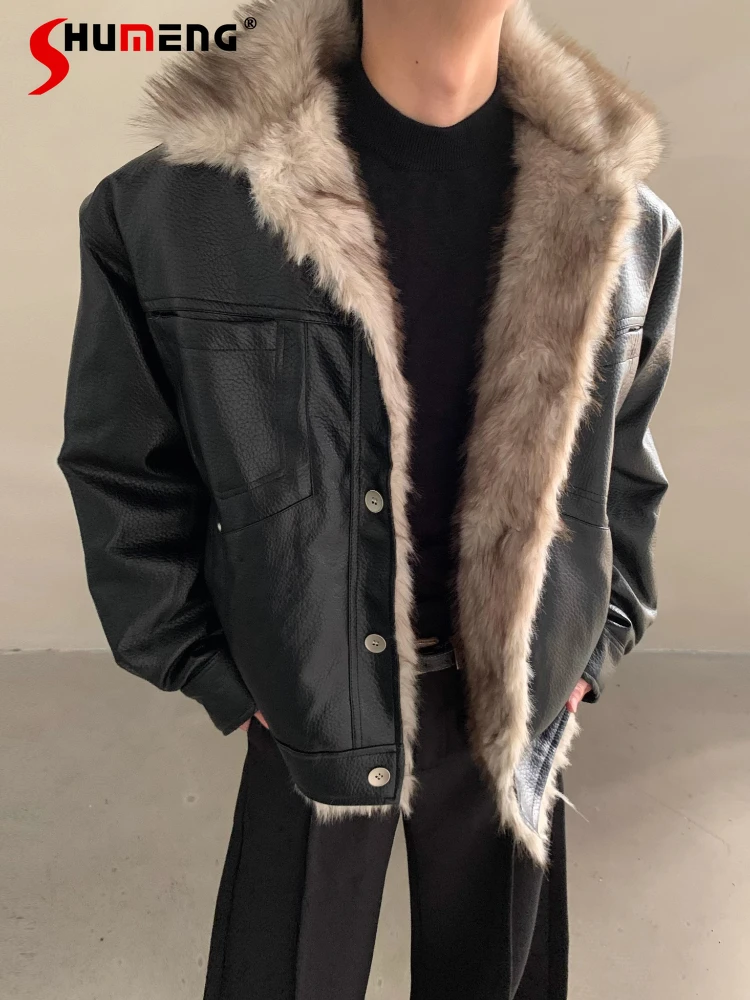 

2025 мужские зимние новые стильные куртки из искусственной кожи с воротником из искусственного меха, мужские утепленные теплые парки с длинными рукавами, куртки на флисовой подкладке
