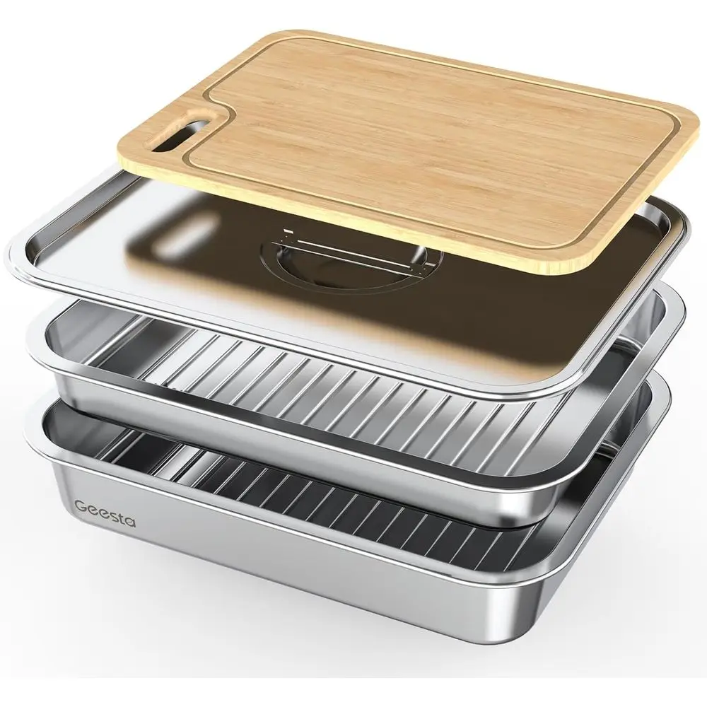 

Large-Capacity Stainless Steel Food Prep Tray with Grill Carry System, Cutting Board, and Lid for BBQ Accessories and Gifts for