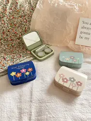 Cute Floral Pattern Contact Lens Case for Girls - Portable Eye Lens Box with Mirror and Tweezers - Minimalist Design