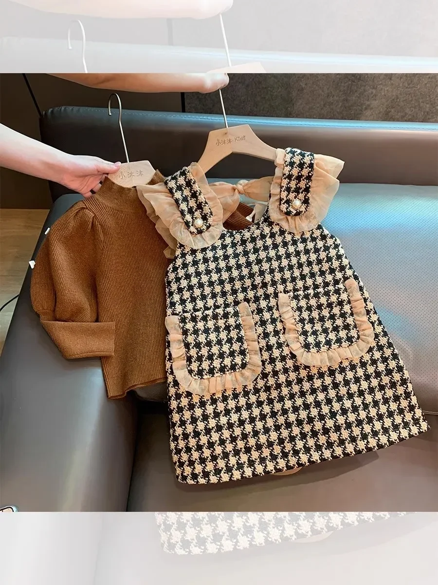 New Plush Set Fashion Baby Sweater Plaid Skirt Two Piece Wholesale Toddler Clothes Children Autumn and Winter
