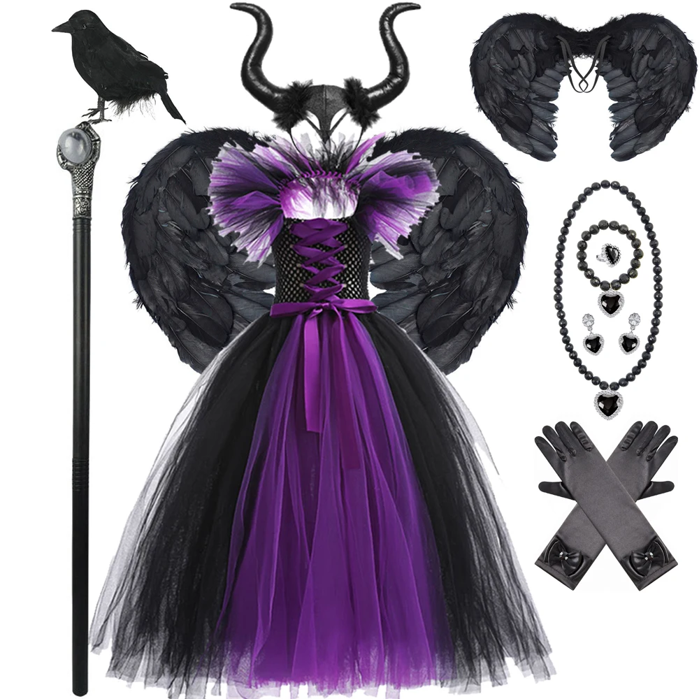 Halloween Maleficent Costume For Kids Black Purple Witch Dress Luxury Lace Evil Role Playing Costume Dress Up Outfit Tulle Dress