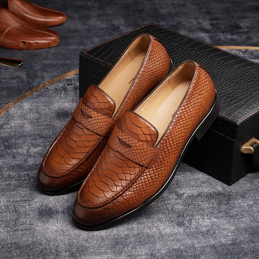 FELIX CHU Genuine Leather Men\'s Loafers Pointed Snake Pattern Slip-on Monk Shoes Wedding Party Casual Formal Men\'s Dress Shoes