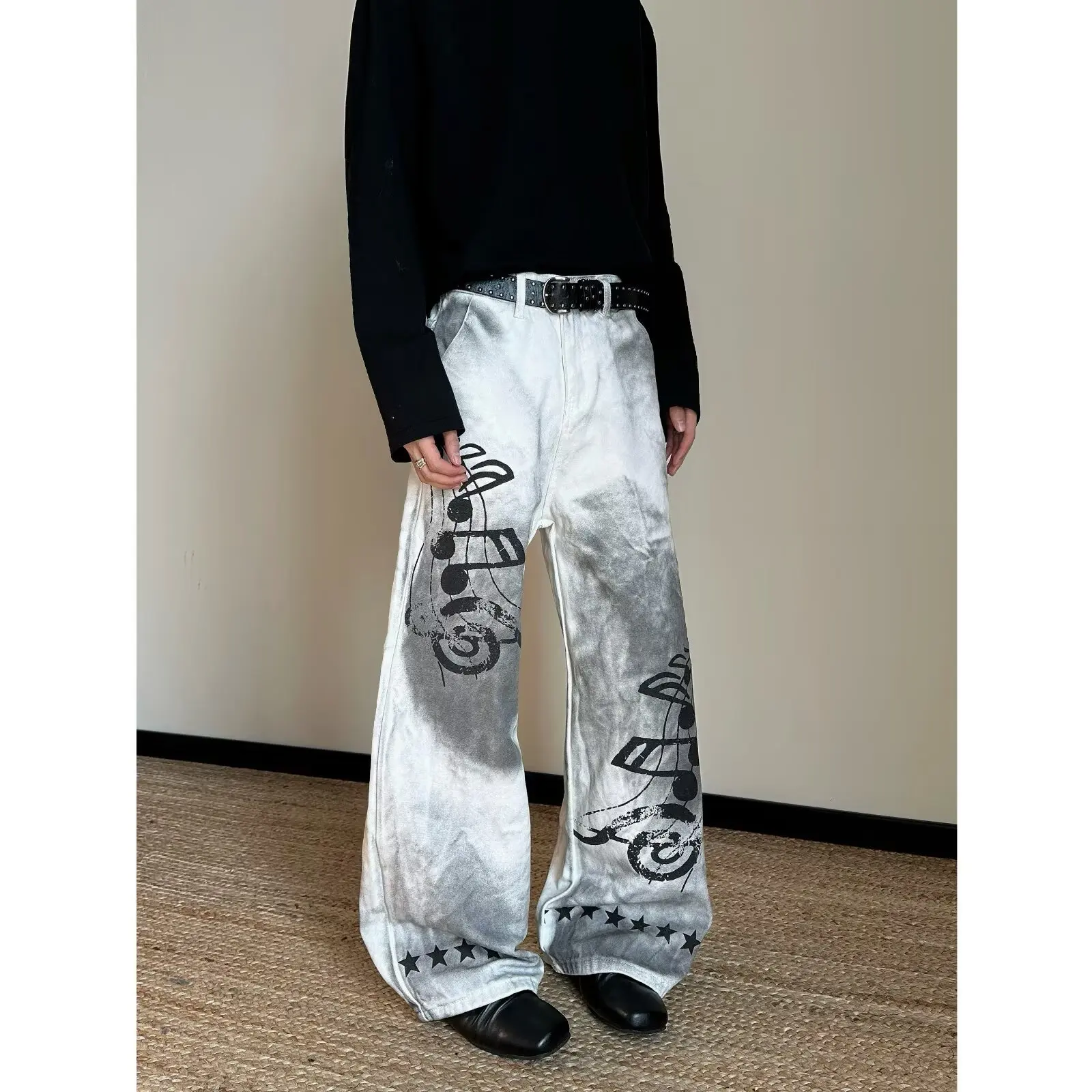 High-end retro blue slightly broken jeans men's high street graffiti printing loose small straight long pants