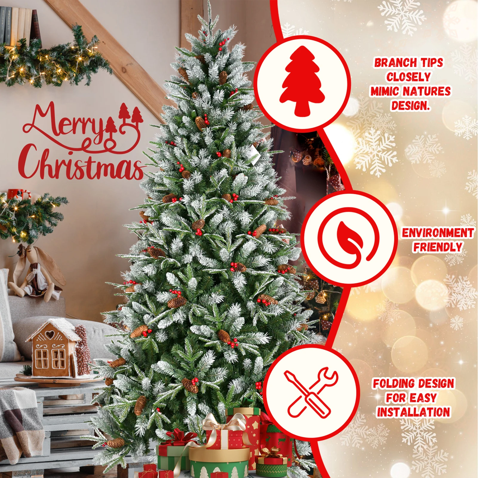 4/5/6/7/8FT PVC+PE Artificial Christmas Tree with White Needles Pine Cones Berry Decor Premium Xmas Tree  with Stand for Home