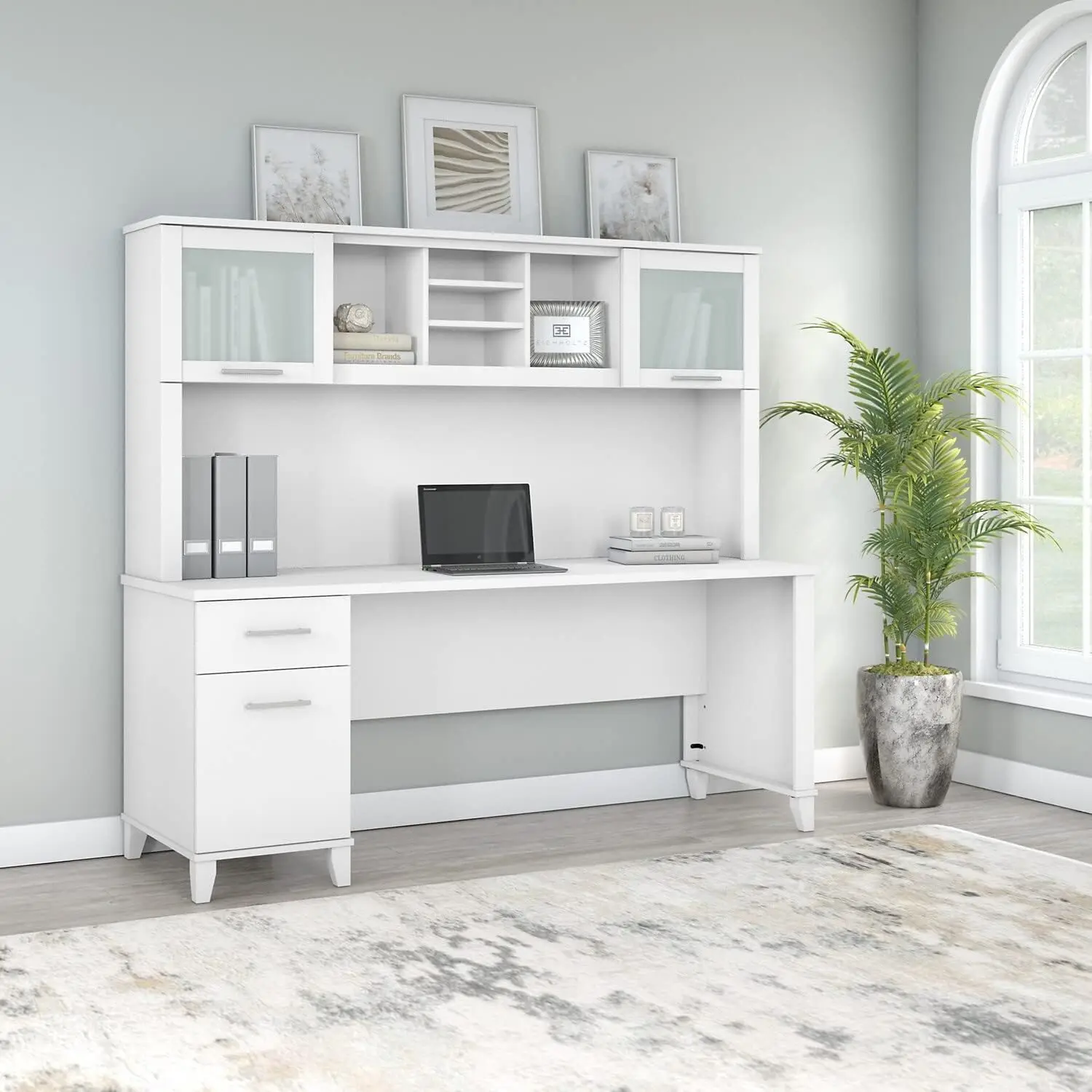 Somerset 72W Office Desk with Drawers and Hutch in White