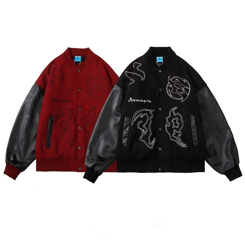 High Street Hip Hop Fashion Brand Embroidery Patched PU Leather Long Sleeve Baseball uniform Men's 2023 Loose Versatile Jacket