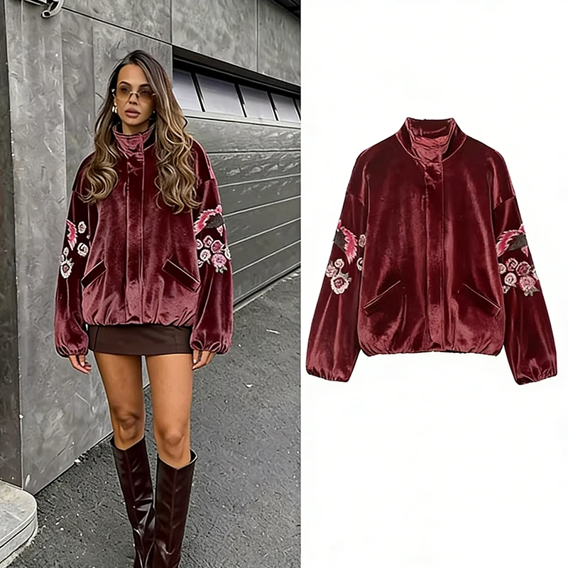 

Women New Vintage Velvet Embroidery Jacket Coat Cropped Fall Winter Stand Collar Outerwear Female Outfit