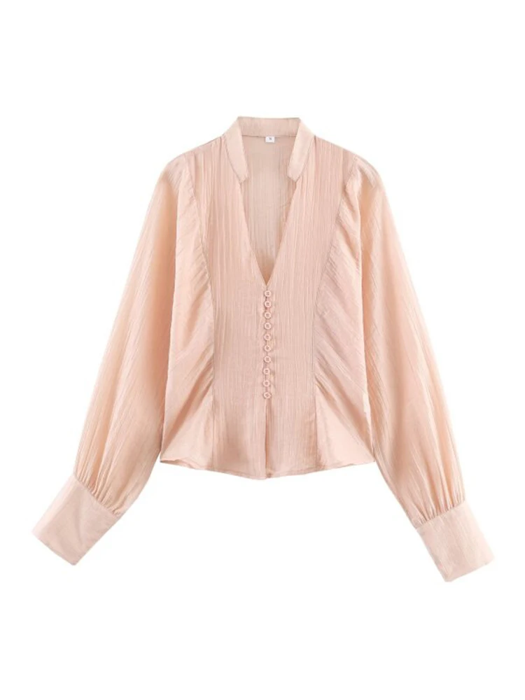 

2026 Women Summer Shirts Blouses Tops Fashion Solid V-Neck Single Breasted Female ELegant Street Top Clothing