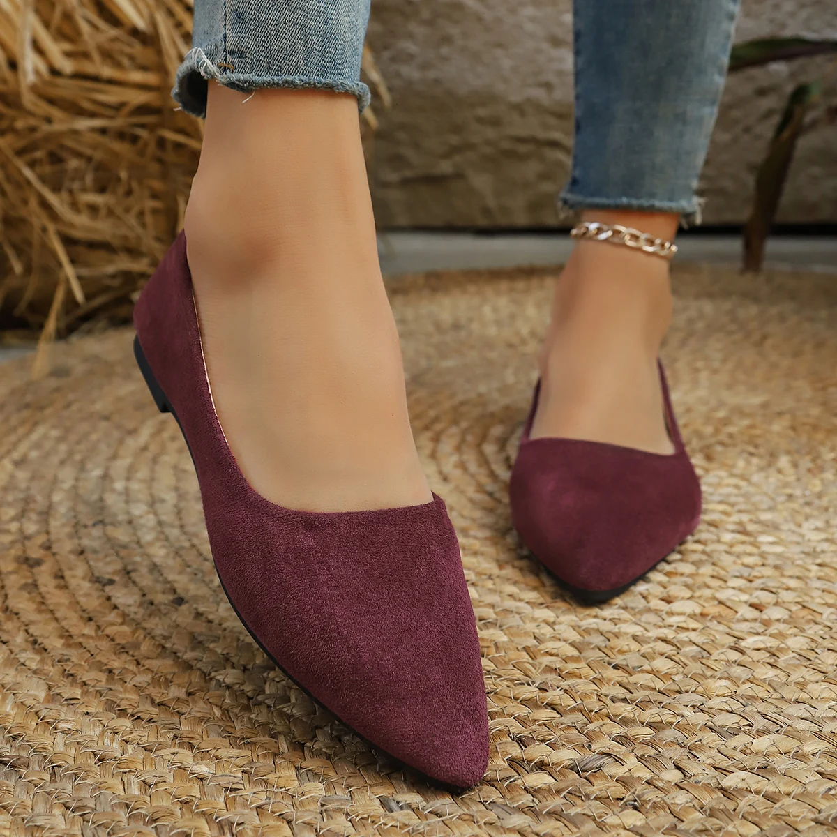 Fashion Minimalist Pointed Toe Suede Flat Shoes Women Lightweight Slip On Ballet Flats Business Commute Casual Dress Footwear