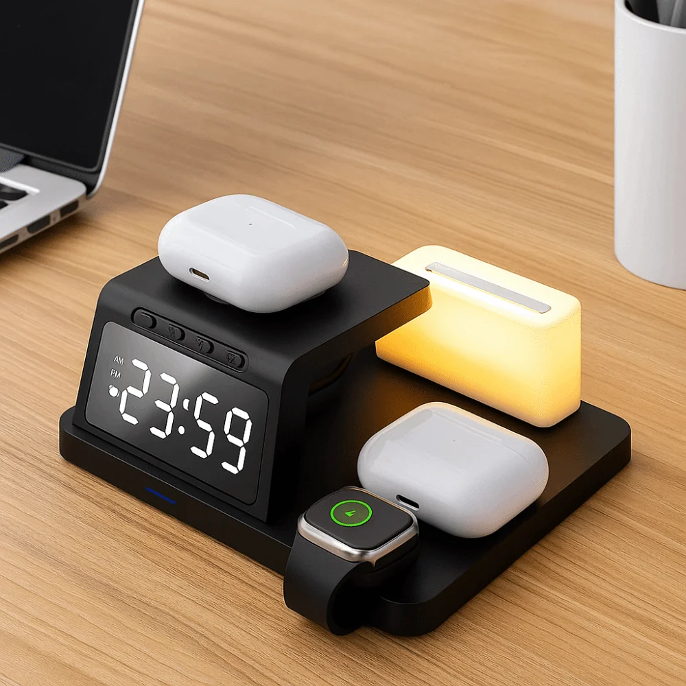 Plastic Wireless Charging Clock Fast Charging LED Display Multi Functional Desktop Charger Earphone Charging with Watch Stand