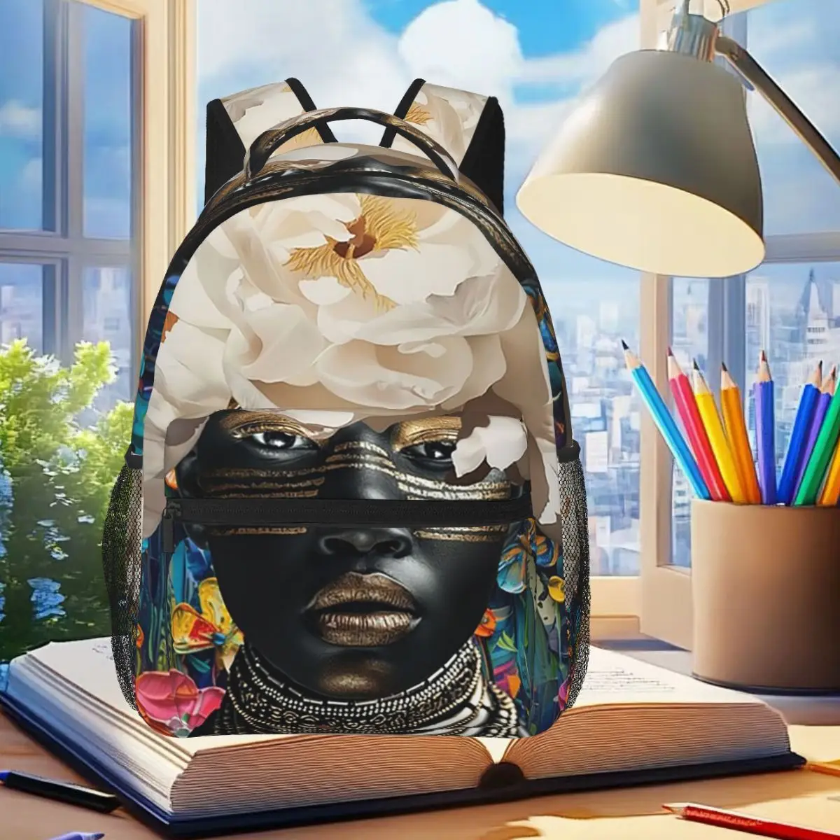 

White Flower Black Woman Backpack Student Boys Girls BookBag Kids School Bag Laptop Shoulder Bags for Men Women