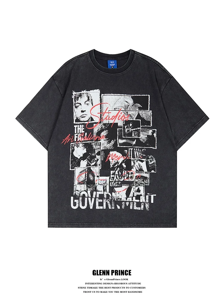 

American Vintage Patchwork Print Short Sleeve T-Shirt Men Summer Couple Half Sleeve Top Loose Fit Youth Popular Cotton T-Shirt