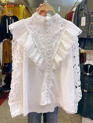 Vintage Embroidery Lace Hollow Out Pearls Beading Shirts Women Stand Collar Long Sleeves Ruffles Sweet Tops Loose White Blouses