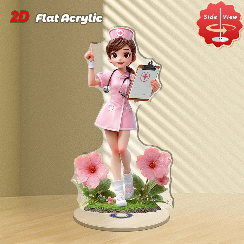 2D Flat Figure, 1 Cute Nurse Rotating Acrylic Desktop Nurse Doll- Pink Uniform with Stethoscope-Style Neckline, Finely Crafted,