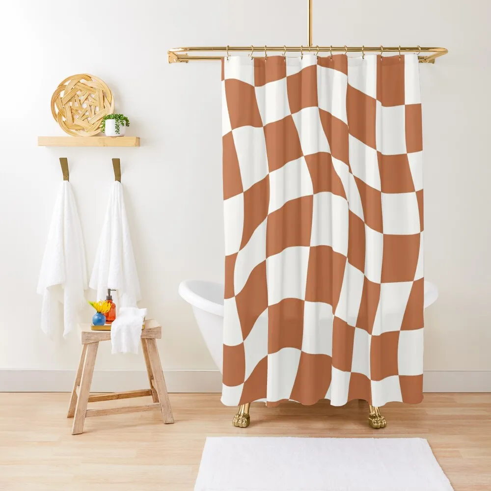 

Wavy Checkered Board Burn Orange Color Retro Pattern Shower Curtain Bathroom Accessory Curtain Shower