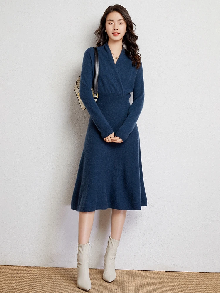 High Quality Women V-neck Dresses Long Sleeve Sweater 100% Goat Cashmere Knitwear Spring Autumn Grace Soft Pure Color Dresses