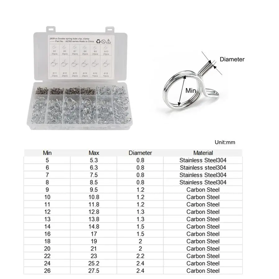 285pcs Φ5-Φ18 Double Spring Clips Kit Wire Fuel Line Hose Clamps Assortment Set