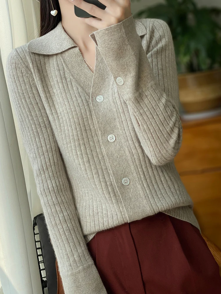 

Women 100% Merino Wool Sweater Polo Collar Cardigan Soft Cashmere Knitwear For Autumn Winter Office Lady Korean Tops Clothing