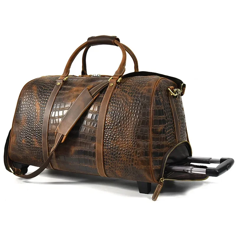 

Retro Crocodile Crazy Horse Skin Trolley Case 20 Inch Cowhide Travel Bag Large Capacity Luggage Carrying Men's Bag