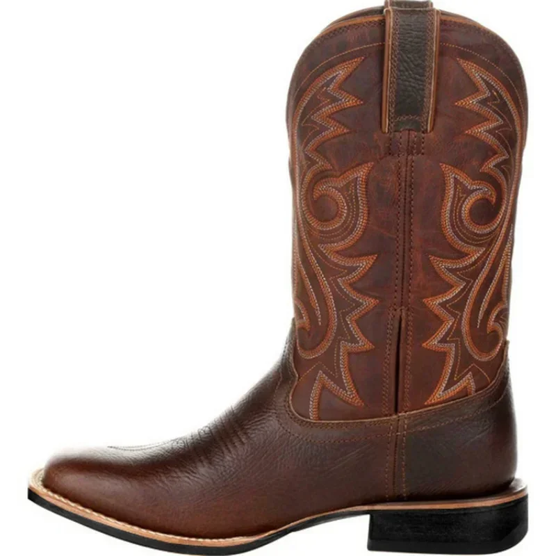 Bottes de cowboy western mi-mollet pour hommes, chaussures en cuir faites à la main, bottes d'équitation punk pour hommes, noir, marron