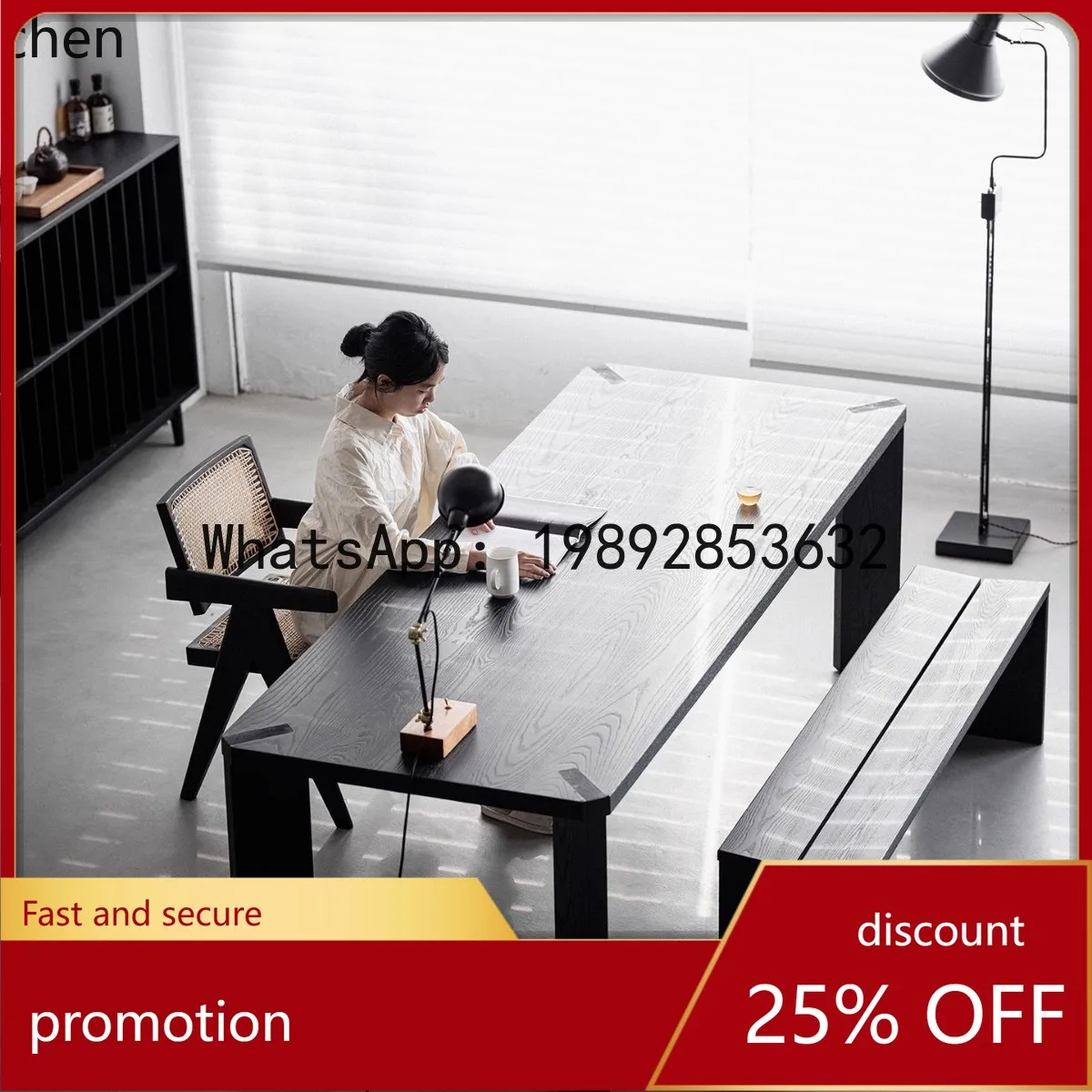 

YFY Wabi-Sabi Style Natural Wood Ash Dining Table Home Living Room Large Long Desk Black Rectangular Reception Tea Table