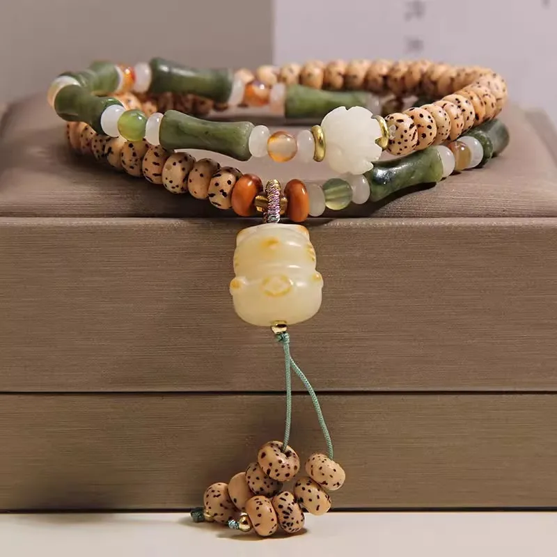 Starry Moon Bodhi Jade Bamboo Knot Double layer Bracelet, Light Luxury, Small and Popular, Lucky Cat Pendant, Hand String